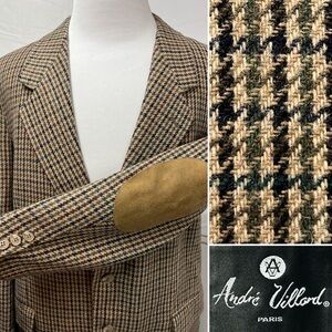 Vintage Men’s 46L Andre Villard Houndstooth Tweed Suede Elbow Patch Sport Coat